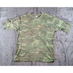 Vintage Camo Shirt ( Fits L) Womans Pocket USA Made Fringe Knotting